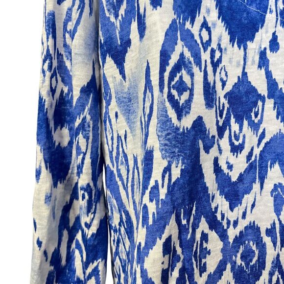 Chicos Womens Ikat Split V Neck 100% Linen Blue Knit Top Long Sleeve White 1/ M - Picture 12 of 16